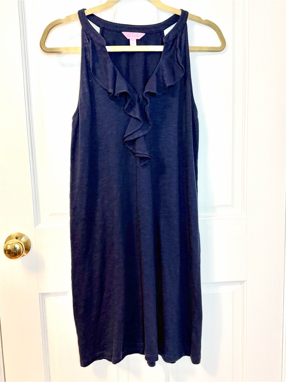 Lilly Pulitzer True Navy Shay Mini Dress with Ruffle at V-Neckline, Size S